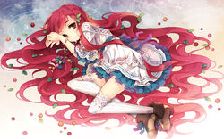  brown_eyes cranberry cranberry_(vocaloid) crying crying_with_eyes_open curly_hair dress female food fruit hair_ornament highres lace lace-trimmed_legwear lace_trim long_hair lying on_side original red_hair solo tearfish tears thighhighs very_long_hair vocaloid wavy_hair white_thighhighs 