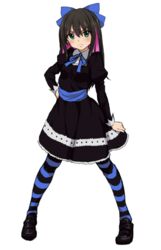  &gt;:( black_hair colored_inner_hair colored_stripes commentary_request cosplay female frown full_body green_eyes hair_between_eyes hand_on_own_hip idolmaster idolmaster_cinderella_girls long_hair looking_at_viewer multicolored_hair panty_&amp;_stocking_with_garterbelt shibuya_rin shift_(waage) solo standing stocking_(psg) stocking_(psg)_(cosplay) striped_clothes striped_thighhighs thighhighs two-tone_hair v-shaped_eyebrows white_background 