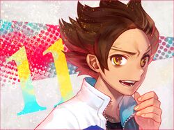  1boy brown_eyes brown_hair commentary_request earth_eleven hs2 inazuma_eleven_(series) inazuma_eleven_go inazuma_eleven_go_galaxy jacket male_focus matatagi_hayato open_mouth portrait solo track_jacket uniform_number 