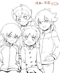  4boys bad_id bad_pixiv_id crossover inazuma_eleven inazuma_eleven_(series) inazuma_eleven_go jacket kidokawa_seishuu kirino_ranmaru kishibe_taiga line_art long_hair male_focus mizuhara_aki monochrome multiple_boys open_mouth raimon rococo_urupa shuu_(inazuma_eleven) simple_background smile track_jacket white_background 