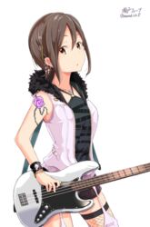  :o bass_guitar black_legwear black_shorts brown_eyes brown_hair character_name commentary_request cowboy_shot cross cross_earrings earrings female fender_jazz_bass fishnet_thighhighs fishnets fur-trimmed_jacket fur_trim garter_straps guitar hair_between_eyes halterneck holding holding_instrument instrument jacket jewelry kichihachi looking_at_viewer necklace open_clothes open_jacket open_mouth purple_legwear seto_ferb short_hair short_shorts shorts sidelocks simple_background sleeveless sleeveless_jacket solo thighhighs tokyo_7th_sisters twitter_username white_background zipper 