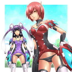  2girls bad_id bad_pixiv_id black_hair crazy_kitten elbow_gloves facial_mark fingerless_gloves gloves green_eyes highres long_hair multiple_girls panties phantasy_star phantasy_star_online_2 pointy_ears red_hair rupika_(pso2) shuuji_(shumi) standing sue_(pso2) thighhighs underwear yellow_eyes 