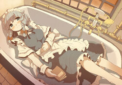  apron aqua_eyes bad_id bad_pixiv_id bathtub blue_dress blush book braid breasts dress empty_bathtub female grey_hair hand_on_own_stomach izayoi_sakuya large_breasts looking_at_viewer lying maid maid_headdress on_back photoshop_(medium) smile solo takahero touhou twin_braids waist_apron wrist_cuffs 