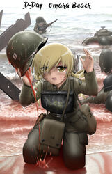  barricade beach belt_pouch blonde_hair blood captain_john_h._miller combat_helmet commentary_request corpse czech_hedgehog d-day death dirty english_text female france gun handgun hands_up helmet holster invasion_of_normandy kneeling long_sleeves m1_garand m1_helmet mahou_shoujo_madoka_magica mahou_shoujo_madoka_magica_(anime) military military_rank_insignia military_uniform multiple_boys omaha_beach parody pouch rifle saving_private_ryan serious shingyouji_tatsuya shore soldier solo_focus submachine_gun thompson_submachine_gun tomoe_mami uniform unworn_headwear unworn_helmet war water weapon wet world_war_ii 