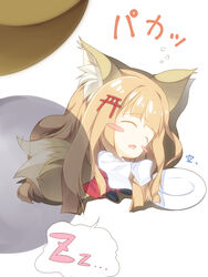  animal_ears blonde_hair blunt_bangs blush_stickers check_commentary chibi closed_eyes commentary commentary_request da-mii female fox_ears fox_tail highres long_hair lying on_side open_mouth oshiro_project:re plate senko_(oshiro_project) simple_background sleeping solo speech_bubble tail tail_wagging torii_hair_ornament triangle_mouth white_background zzz 