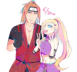  1boy :d bare_shoulders blonde_hair blue_eyes brown_hair earrings female forehead_protector frown gloves hair_ornament hairclip headband ino_yamanaka japanese_clothes jewelry konohagakure_symbol long_hair midriff naruto naruto_shippuuden navel open_mouth orange_eyes ponytail smile standing um630 v very_long_hair yamanaka_fuu 