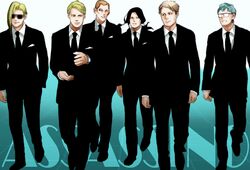  6+boys black_jacket black_necktie collared_shirt commentary_request dress_shirt formaggio formal ghiaccio illuso jacket jojo_no_kimyou_na_bouken long_sleeves melone multiple_boys necktie pants pesci pppuni prosciutto risotto_nero shirt simple_background suit vento_aureo white_background white_shirt 