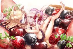  animal_ears barefoot bikini bikini_skirt blonde_hair blue-framed_eyewear blueberry blurry bow bowtie colored_eyelashes commentary_request cranberry depth_of_field female flat_chest food fork frilled_bikini frills from_above from_side fruit fruit_tart full_body glasses holding holding_fork in_food leaf long_hair looking_at_viewer looking_back lying mini_person minigirl mito_itsuki on_back original oversized_object parsley pastry purple-framed_eyewear purple_bikini purple_eyes raspberry red_bow red_bowtie solo strawberry string_bikini stuffed_animal stuffed_rabbit stuffed_toy sweets swept_bangs swimsuit tart_(food) 