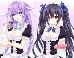  2girls :o alternate_costume apron bad_id bad_pixiv_id black_bow black_dress black_hair blue_bow blue_bowtie blue_ribbon blush bow bowtie box braid breasts buttons center_frills cleavage closed_mouth collarbone detached_collar dress enmaided eyebrows frills gift gift_box hair_between_eyes hair_flaps hair_ribbon heart heart_background hinano holding holding_gift large_breasts long_hair looking_at_viewer maid maid_headdress multiple_girls neptune_(series) noire_(neptunia) open_mouth paw_pose pink_background polka_dot puffy_short_sleeves puffy_sleeves purple_heart_(neptunia) red_eyes ribbon short_sleeves simple_background smile symbol-shaped_pupils tsurime twin_braids twintails upper_body valentine very_long_hair visible_ears waist_apron 