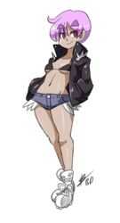  alternate_costume bigdead bikini bikini_top_only breasts casual denim denim_shorts female full_body hands_in_pockets high_collar highres jacket leather leather_jacket lilith_aensland micro_shorts navel open_clothes open_jacket pink_hair red_eyes shoes short_hair shorts small_breasts sneakers solo swimsuit thick_eyebrows underboob vampire_(game) 