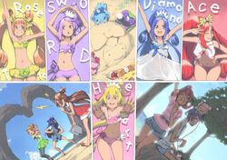  5girls :d adapted_costume ai-chan_(dokidoki!_precure) aida_mana akinbo_(hyouka_fuyou) arm_up arms_up bad_id bad_pixiv_id beach belt bikini blue_eyes blue_hair blue_sky brooch brown_hair character_name closed_eyes column_lineup cure_ace cure_diamond cure_heart cure_rosetta cure_sword davi_(dokidoki!_precure) day dokidoki!_precure dutch_angle english_text heart heart_brooch hishikawa_rikka jewelry kenzaki_makoto madoka_aguri multiple_girls music open_mouth orange_eyes orange_hair outdoors outstretched_arms outstretched_hand photoshop_(medium) pink_eyes pink_hair precure purple_eyes purple_hair rakeru_(dokidoki!_precure) rance_(dokidoki!_precure) red_hair sand_sculpture sandals sharuru_(dokidoki!_precure) singing sky sleeping smile sunglasses swimsuit tree whistle yotsuba_alice 