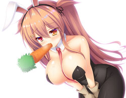  animal_ears bare_shoulders black_leotard black_pantyhose breasts brown_eyes carrot commentary_request detached_collar fake_animal_ears female food_in_mouth gloves heterochromia highres kantai_collection large_breasts leotard light_brown_hair long_hair murasame_(kancolle) murasame_kai_ni_(kancolle) neckerchief pantyhose playboy_bunny rabbit_ears red_eyes sexually_suggestive shitou_kazuaki solo strapless 