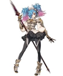  armor blue_hair boots bow female fire_emblem fire_emblem_fates fire_emblem_heroes full_body hair_over_one_eye high_heels highres multicolored_hair official_art pantyhose peri_(fire_emblem) pink_hair polearm red_eyes solo spear takagi_masafumi transparent_background twintails two-tone_hair weapon 