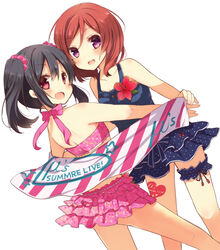  2girls :d bikini bikini_skirt black_hair choker commentary_request flower looking_at_viewer looking_back love_live! love_live!_school_idol_project multiple_girls nishikino_maki one-piece_swimsuit open_mouth purple_eyes red_eyes red_hair ribbon_choker scrunchie shiroi_hakuto short_hair simple_background smile swimsuit thigh_strap towel twintails typo white_background yazawa_nico 