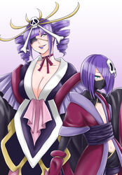  2girls bangs bleach bleach:_zanpakutou_ibun_hen blue_eyes blunt_bangs breasts cleavage drill_hair eyepatch hair_ornament hair_over_one_eye japanese_clothes katen_kyokotsu kimono lipstick looking_at_viewer makeup mask multiple_girls navel purple_hair purple_lipstick short_hair skull_hair_ornament soraao twin_drills zanpakutou_(spirit) 