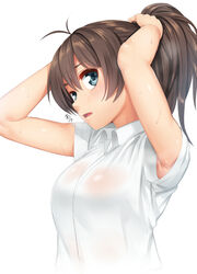  antenna_hair armpit_peek armpits arms_up blue_eyes breasts breath brown_hair collared_shirt commentary_request female ganaha_hibiki hair_between_eyes idolmaster idolmaster_(classic) large_breasts looking_at_viewer open_mouth ponytail see-through shirt short_sleeves simple_background solo sweat torii_yoshitsuna tying_hair upper_body white_background white_shirt 