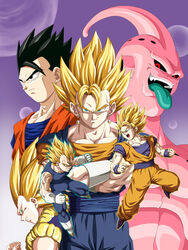  6+boys absurdres antennae black_eyes black_hair black_sclera blonde_hair boots clenched_teeth collarbone colored_sclera colored_skin commentary_request crossed_arms dougi dragon_ball dragon_ball_z earrings facial_mark forehead_mark gloves gotenks green_eyes grin highres jewelry kamakiri majin_buu majin_vegeta male_focus metamoran_vest multiple_boys muscular no_eyebrows outline pink_skin potara_earrings potential_unleashed red_eyes serious smile son_gohan son_goku spiked_hair super_buu super_saiyan super_saiyan_1 super_saiyan_2 super_saiyan_3 teeth tongue tongue_out vegeta vegetto white_footwear white_gloves widow&#039;s_peak wristband 