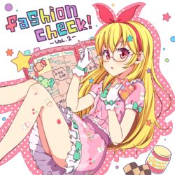  aikatsu! aikatsu!_(series) bespectacled blonde_hair blush book commentary_request female glasses gloves hair_ribbon hoshimiya_ichigo jam long_hair open_mouth pencil red_eyes ribbon skirt solo takanashi_sora_(soramyon) 