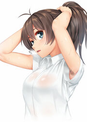  antenna_hair armpit_hair armpit_peek armpits arms_up blue_eyes breasts breath brown_hair collared_shirt commentary_request female ganaha_hibiki hair_between_eyes idolmaster idolmaster_(classic) large_breasts looking_at_viewer open_mouth ponytail see-through shirt short_sleeves simple_background solo sweat torii_yoshitsuna tying_hair upper_body white_background white_shirt 