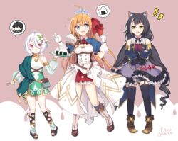  1boy 3girls ahoge animal_ear_fluff animal_ears antenna_hair armor black_hair black_thighhighs blue_eyes boots breasts cat_ears cat_girl cleavage commentary crossed_arms drill_hair elf flower flower_ornament food frilled_skirt frills full_body gem gloves green_eyes hair_flower hair_ornament highres holding holding_tray jewelry karyl_(princess_connect!) kokkoro_(princess_connect!) long_hair medium_breasts misora_deco multicolored_hair multiple_girls onigiri open_mouth orange_hair parted_lips pecorine_(princess_connect!) pelvic_curtain pigeon-toed pointy_ears princess_connect! red_eyes see-through see-through_sleeves short_hair shoulder_armor single_bare_shoulder skirt small_breasts sparkle spoken_character spoken_food standing streaked_hair tassel thighhighs tiara tray two-tone_background very_long_hair w_arms white_gloves white_hair yuuki_(princess_connect!) 