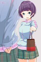  aqua_eyes araki_rena arm_behind_back bag blunt_bangs blush breasts character_name commentary_request cowboy_shot female grey_background holding holding_bag incoming_gift jacket kichihachi large_breasts looking_at_viewer multiple_views open_mouth pleated_skirt purple_hair shopping_bag short_hair signature simple_background skirt smile standing tokyo_7th_sisters track_jacket twitter_username 