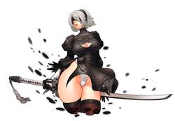  2b_(nier:automata) black_dress blindfold breasts cleavage dress feather-trimmed_sleeves female highleg highleg_leotard leotard louten nier:automata nier_(series) parted_lips puffy_sleeves skindentation solo sword thighhighs weapon white_hair 