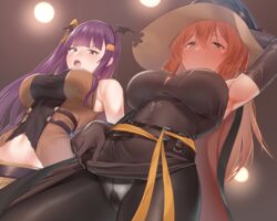  2girls alternate_costume armpits bat_hair_ornament belt black_dress black_pantyhose blush breasts brown_hair buckle closed_mouth clothing_aside commentary_request dress dress_aside elbow_gloves food-themed_hair_ornament girls&#039;_frontline gloves green_eyes gusset hair_between_eyes hair_ornament hair_ribbon hair_rings hairband halloween halloween_costume hand_on_headwear hat highres korean_commentary large_breasts long_hair looking_at_viewer multiple_girls navel official_alternate_costume one_side_up open_mouth panties panties_under_pantyhose pantyhose pantyshot pumpkin_hair_ornament purple_hair red_eyes ribbon shirt sidelocks skirt sleeveless sleeveless_shirt smile springfield_(classic_witch)_(girls&#039;_frontline) springfield_(girls&#039;_frontline) standing underwear urrrt very_long_hair wa2000_(girls&#039;_frontline) wa2000_(haunted_castle)_(girls&#039;_frontline) white_panties witch_hat 