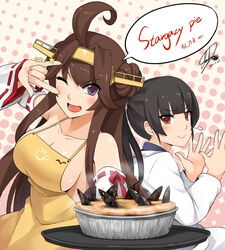  &gt;:) 2girls ;d \m/ ahoge alternate_costume apron bare_shoulders black_hair blush breasts brown_hair cleavage closed_mouth collarbone commentary_request darkmaya dated detached_sleeves double_bun eyes_visible_through_hair fingernails fish food hair_bun hairband halftone halftone_background isokaze_(kancolle) kantai_collection kappougi kongou_(kancolle) large_breasts long_fingernails long_hair long_sleeves looking_at_viewer multiple_girls naked_apron one_eye_closed open_hands open_mouth pie ponytail puff_of_air purple_eyes red_eyes remodel_(kantai_collection) ribbon-trimmed_sleeves ribbon_trim sardine scrunchie seikan_hikou sideboob sidelocks signature smile smug star_(symbol) stargazy_pie steam translation_request tray upper_body v-shaped_eyebrows yellow_apron 