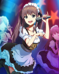  3girls brown_hair collarbone commentary_request frills green_eyes hair_ribbon long_hair maid maid_headdress microphone multiple_girls music official_art okamoto_miyu open_mouth paw_pose pinky_out ribbon singing smile solo_focus star_(symbol) thighhighs twintails wake_up_girls! wake_up_girls!_stage_no_tenshi 