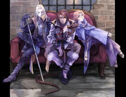  2boys alucard_(castlevania) boots brick_wall brown_hair castlevania_(netflix) castlevania_(series) cloak commentary_request couch female fur_trim jacket multiple_boys open_collar piyox9 sandals sitting sword sypha_belnades trevor_c._belmont v-neck weapon whip window 