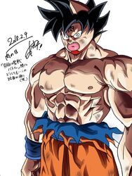  1boy angry artist_request black_hair clenched_hand dated dragon dragon_ball dragon_ball_super fusion glowing highres injury kinniku_suguru kinnikuman kinnikuman_(character) looking_at_viewer male_focus mask muscle parody scratches serious silver_eyes simple_background son_gokuu standing torn_clothes ultra_instinct white_background 