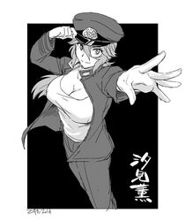  bad_id bad_twitter_id breasts cleavage commentary_request female female_admiral_(kancolle) gakuran gloves greyscale hair_between_eyes hand_on_headwear hat ikeshita_moyuko jacket kantai_collection large_breasts long_hair looking_at_viewer looking_up monochrome open_clothes open_jacket outstretched_hand pants peaked_cap school_uniform shiomi_kaoru shirt t-shirt translated 