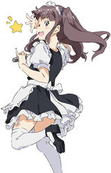  ;d brown_hair commentary female frills green_eyes hair_ribbon long_hair looking_back maid maid_headdress microphone music okamoto_miyu one_eye_closed open_mouth ribbon singing smile solo standing standing_on_one_leg thighhighs twintails umanosuke wake_up_girls! white_background zettai_ryouiki 