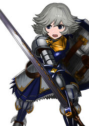  :o armor bad_id bad_pixiv_id blue_eyes blue_skirt farrah_(granblue_fantasy) female flipped_hair granblue_fantasy grey_hair highres holding holding_sword holding_weapon open_mouth pauldrons purple_eyes shield short_hair shoulder_armor simple_background skirt solo sword v-shaped_eyebrows wasabi60 weapon white_background 