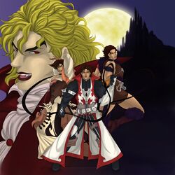  4boys absurdres black_hair blonde_hair brown_hair castle castlevania_(series) commentary_request cosplay dio_brando fangs full_moon highres jojo_no_kimyou_na_bouken jonathan_joestar joseph_joestar joseph_joestar_(young) kujo_jotaro leon_belmont leon_belmont_(cosplay) lipstick makeup moon multiple_boys parody phantom_blood ralph_c_belmont ralph_c_belmont_(cosplay) simon_belmont simon_belmont_(cosplay) standing stardust_crusaders thekingofqueens25 trevor_c._belmont vampire whip 