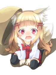  angry animal_ears blonde_hair blunt_bangs blush_stickers check_commentary commentary commentary_request d: da-mii drop_trap female fox_ears fox_tail highres long_hair looking_at_viewer open_mouth oshiro_project:re pink_eyes senko_(oshiro_project) simple_background sitting solo tail torii_hair_ornament v-shaped_eyebrows wariza wavy_mouth white_background 