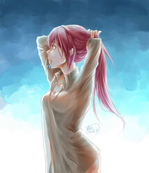  adjusting_hair breasts cleavage commentary_request dated female free! hair_tie highres long_hair matsuoka_gou medium_breasts mouth_hold naked_shirt ponytail red_hair see-through shirt solo tying_hair zoe_(killyou80) 