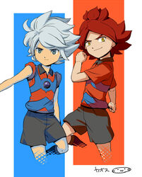  2boys bad_id bad_pixiv_id chaos_(inazuma_eleven) inazuma_eleven inazuma_eleven_(series) male_focus mizuhara_aki multiple_boys nagumo_haruya red_hair simple_background soccer_uniform sportswear suzuno_fuusuke yellow_eyes 