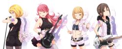  4girls :o ;d antenna_hair ass bass_guitar bike_shorts black_dress black_legwear black_shirt black_shorts blonde_hair blunt_bangs breasts brown_eyes brown_hair commentary_request cowboy_shot crop_top cropped_jacket cross cross_earrings dress drumsticks earrings echizen_murasaki electric_guitar fender_jazz_bass fishnet_thighhighs fishnets from_behind fur-trimmed_jacket fur_trim garter_straps gibson_sg grey_legwear guitar hair_between_eyes halterneck high-waist_skirt holding holding_instrument holding_microphone instrument jacket jacket_on_shoulders jewelry kichihachi large_breasts long_hair looking_at_viewer looking_back medium_breasts microphone microphone_stand midriff mimori_matsuri multicolored_hair multiple_girls navel necklace one_eye_closed open_clothes open_jacket open_mouth pantyhose parted_lips pink_eyes pink_hair pink_skirt profile purple_hair purple_jacket purple_legwear purple_shorts sakaiya_yumeno seto_ferb shirt short_dress short_hair short_shorts shorts shorts_under_shorts shoulder_tattoo sidelocks silhouette simple_background skirt sleeveless sleeveless_jacket sleeveless_shirt smile streaked_hair striped swept_bangs tank_top tattoo teeth thighhighs thighs tight_clothes tight_dress tokyo_7th_sisters two-tone_hair vertical_stripes white_background zettai_ryouiki zipper 