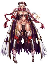  breasts cape cleavage female hat jewelry kaura_(taimanin_asagi) key legs navel pointy_ears purple_eyes shiny_skin short_hair silver_hair smile solo sweat taimanin_asagi taimanin_asagi_battle_arena tana tana_(garyuh-chitai) weapon 