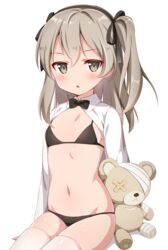  :o bikini black_bikini black_bow black_bowtie black_hairband black_ribbon blush boko_(girls_und_panzer) bow bowtie brown_eyes brown_hair commentary_request female flat_chest girls_und_panzer hair_ribbon hairband highres looking_at_viewer navel one_side_up ribbon shimada_arisu shirt short_hair simple_background solo stuffed_animal stuffed_toy swimsuit teddy_bear tiger_rmn white_background white_legwear white_shirt 