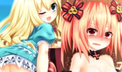  2girls alyn_(fairy_fencer_f) bare_shoulders blonde_hair blush commentary_request fairy_fencer_f frills green_eyes mizunashi_(second_run) multiple_girls one_eye_closed open_mouth red_eyes red_hair ribbon rolo_(fairy_fencer_f) tears twintails 