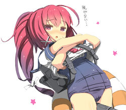  backpack bag blush clothes_lift commentary_request female hair_ribbon i-168_(kancolle) innertube kantai_collection long_hair looking_at_viewer one-piece_swimsuit ooide_chousuke open_mouth photoshop_(medium) ponytail randoseru red_eyes red_hair ribbon school_swimsuit school_uniform serafuku shirt_lift solo swim_ring swimsuit swimsuit_under_clothes translated undressing 