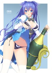  bad_id bad_pixiv_id bikini black_bikini blue_eyes blue_hair blush bottle breasts cleavage clothes_lift copyright_name deal female large_breasts long_hair navel open_mouth outside_border phantasy_star phantasy_star_online_2 sacraneco side-tie_bikini_bottom skirt skirt_lift smile solo star_(symbol) swimsuit thighhighs two_side_up white_thighhighs wine_bottle 