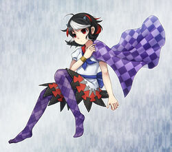  argyle_clothes argyle_legwear black_hair bracelet cloth commentary_request cone_horns dress female grey_horns horns jewelry kijin_seija multicolored_hair pantyhose purple_pantyhose red_eyes red_hair short_hair small_horns solo streaked_hair striped_horns touhou white_hair ys_(fall) 