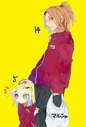  1boy blonde_hair blue_eyes brown_hair female hair_ornament hairclip hand_on_head ino_yamanaka jacket looking_at_viewer naruto naruto_shippuuden orange_eyes sack short_hair smile um630 yamanaka_fuu yellow_background young younger 