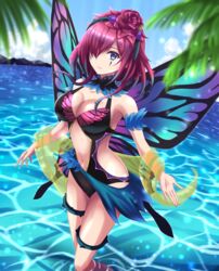  1girls alternate_costume bangs bare_shoulders black_swimsuit blue_eyes blue_sky breasts butterfly_wings cleavage cloud cosplay facial_mark fairy_wings female fire_emblem fire_emblem_heroes hair_ornament hair_over_one_eye highres kakiko210 looking_at_viewer medium_hair navel nintendo ocean one-piece_swimsuit plumeria_(fire_emblem) plumeria_(fire_emblem)_(cosplay) plumeria_(summer)_(fire_emblem) purple_hair sky swimsuit thorns triandra_(fire_emblem) veil wings 