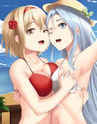  2girls armpits beach bikini blonde_hair blue_eyes blue_hair breasts brown_eyes cheek-to-cheek commentary_request day djeeta_(granblue_fantasy) grabbing grabbing_another&#039;s_breast granblue_fantasy groping hairband hat heads_together highres hug large_breasts long_hair looking_at_viewer lyria_(granblue_fantasy) medium_breasts mengo multiple_girls mutual_hug navel ocean one_eye_closed open_mouth outdoors reaching reaching_towards_viewer red_bikini red_hairband selfie short_hair sky smile sun_hat swimsuit upper_body very_long_hair white_bikini yuri 