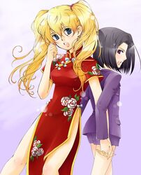  1boy black_hair blonde_hair breasts china_dress chinese_clothes crossdressing dress female grey_eyes holding_hands interlocked_fingers kujou_subaru kurokawa_ako long_hair male_focus medium_breasts painttool_sai_(medium) petit_mint purple_eyes sakura_taisen sakura_taisen_v short_hair taiga_shinjirou twintails very_long_hair 