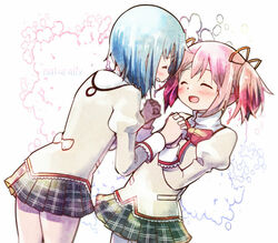  2girls :d ^_^ bad_id bad_pixiv_id black_skirt blue_hair blurry blush bow bowtie bubble_background closed_eyes commentary_request cowboy_shot depth_of_field dot_nose english_text flat_chest furrowed_brow happy holding_hands interlocked_fingers juliet_sleeves kaname_madoka kirikuchi_riku long_sleeves mahou_shoujo_madoka_magica mahou_shoujo_madoka_magica_(anime) miki_sayaka mitakihara_school_uniform multiple_girls neck_ribbon open_mouth pink_hair plaid plaid_skirt pleated_skirt profile puffy_sleeves red_bow red_bowtie red_ribbon ribbon school_uniform short_hair short_twintails simple_background skirt smile twintails uniform white_background 